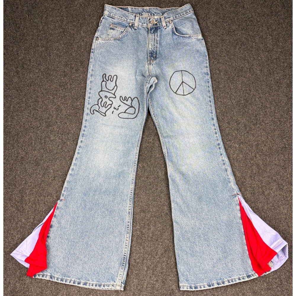 Vintage Levi's USA Y2K Reworked Flare Jeans Peace Sign Patchwork Boho Juniors 11 - Picture 1 of 14